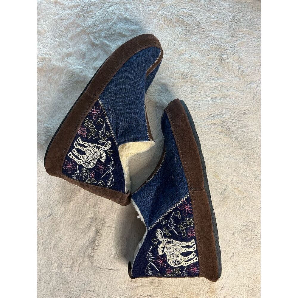 Acorn Women's Forest Bootie Slippers Blue Embroidered Winter Warm